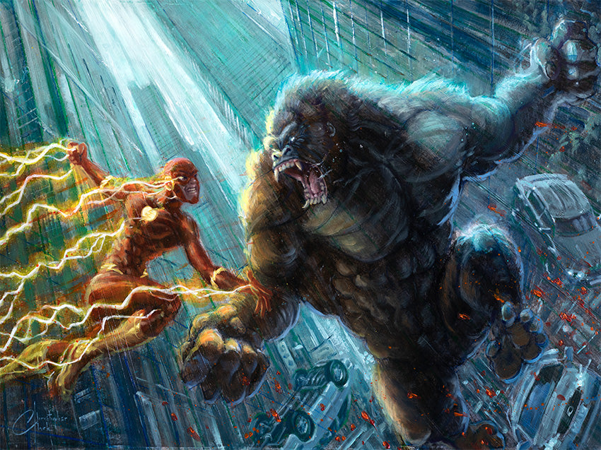 NEW RELEASE: Flash vs Gorilla Grodd Original Oil Painting by Christopher Clark
