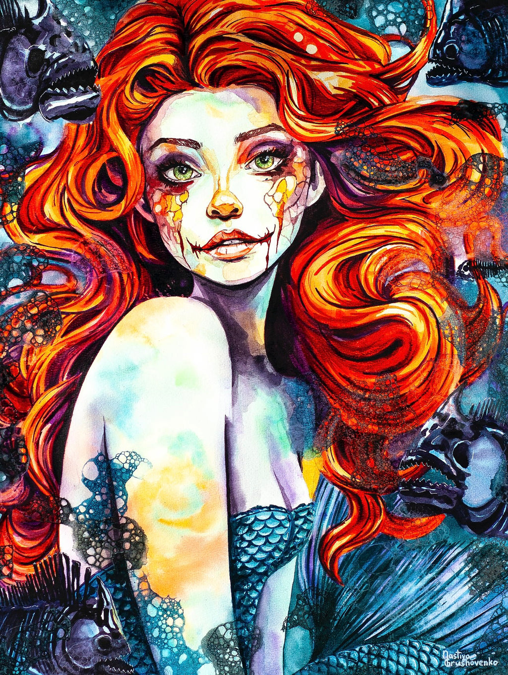 NEW RELEASE: "Grunge Mermaid" Original Watercolor Painting on Matted Archival Paper by Nastiya G
