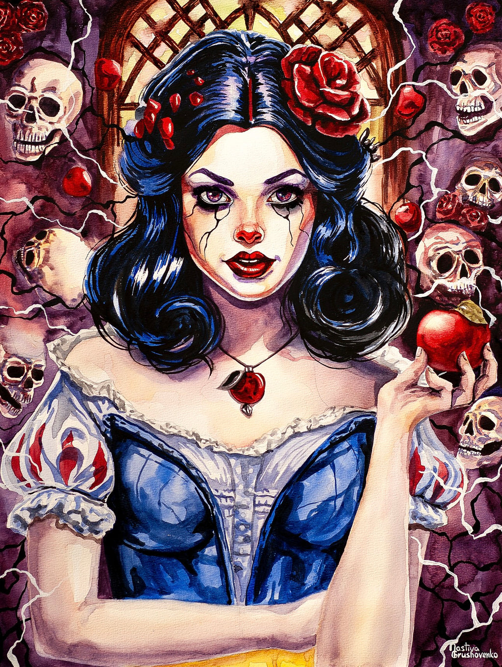 NEW RELEASE: "Grunge Snow White" Original Watercolor Painting on Matted Archival Paper by Nastiya G