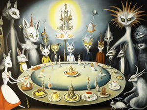 NEW RELEASE: "March Hare Family Tea Party" Original Oil Painting by Mani