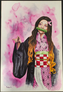 NEW RELEASE: "Nezuko" Original Watercolor Painting on Matted Archival Paper by Nastiya G