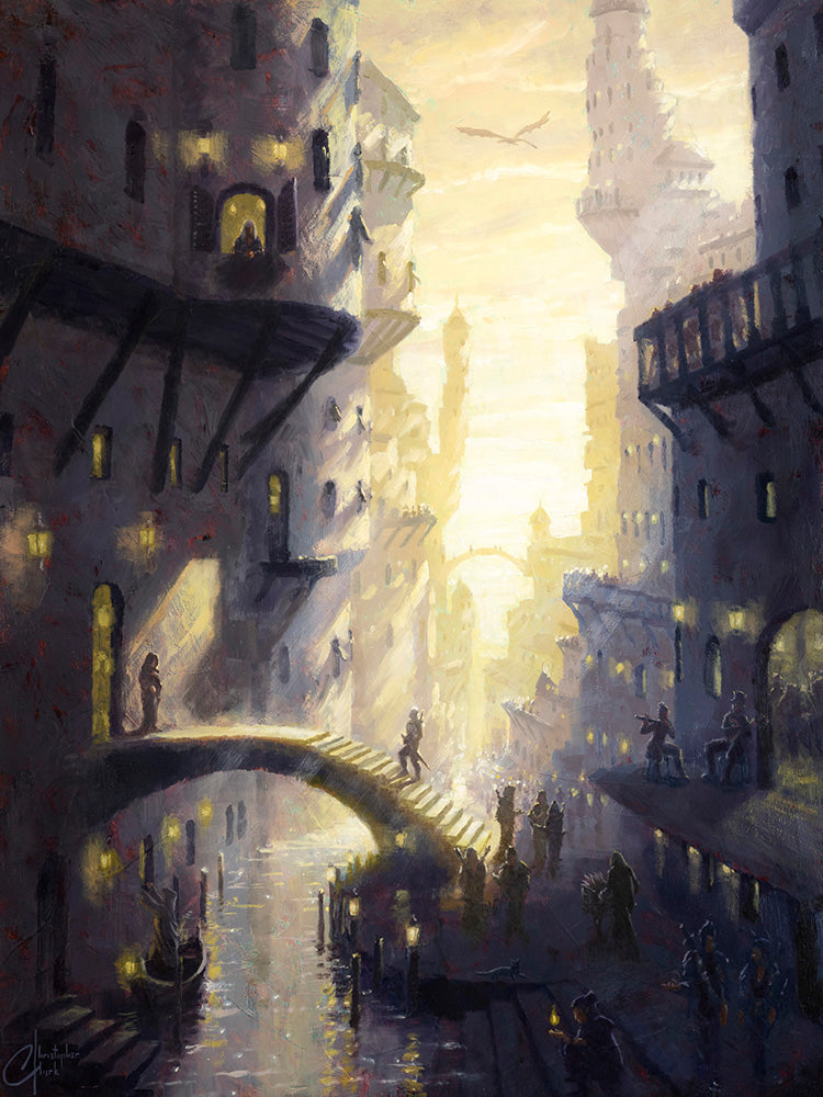 Fantasy Village 21"x28" Oil on Wood Panel by Christopher Clark